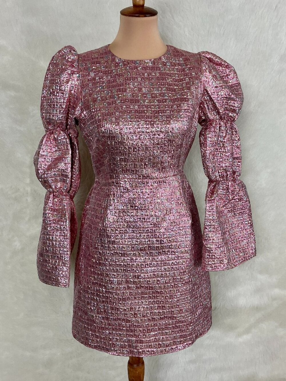 Metallic Pink Mini Dress with Puff Sleeve Detail